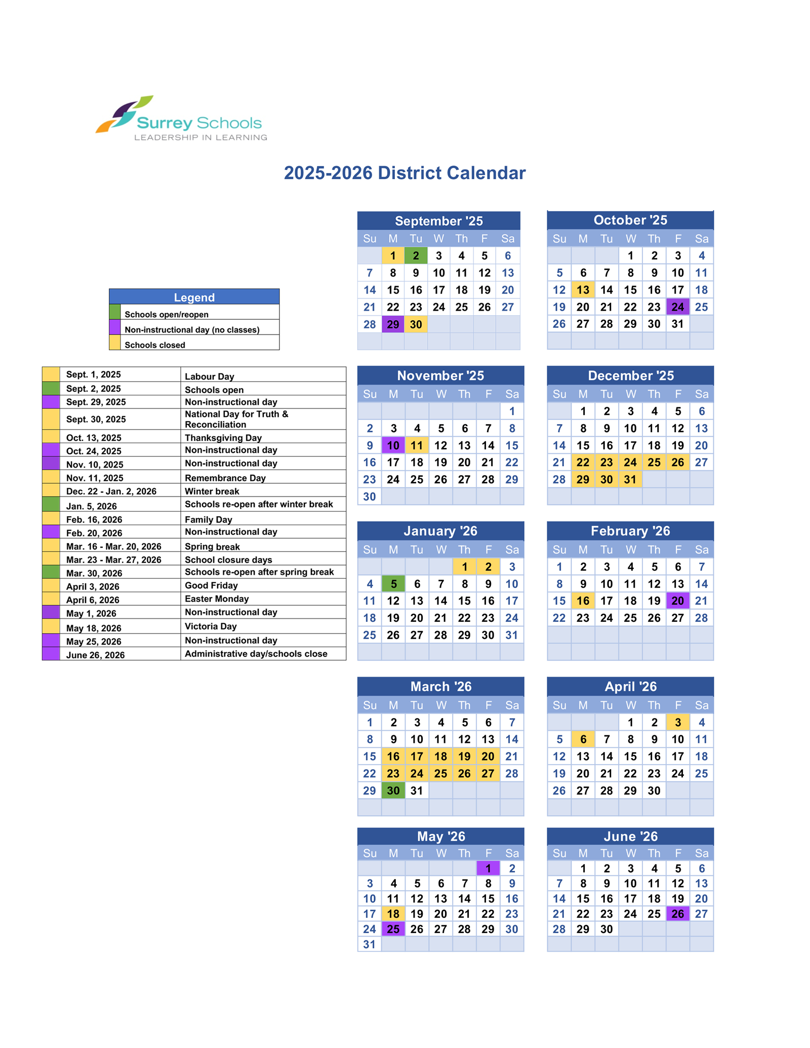 Surrey Schools Calendar 2025-25